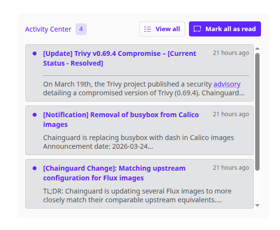 Screenshot showing a test notification in the Chainguard Notifications box on the Chainguard Console's Overview page.